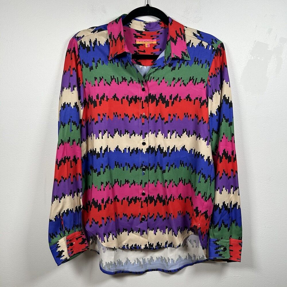 Vilagallo Gaby Shirt Makasart Print Colorful Button Down Top Blouse Size 40 US L